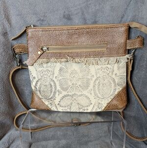 Myra Bag Brown Leather and Cream Canvas Print Crossbody